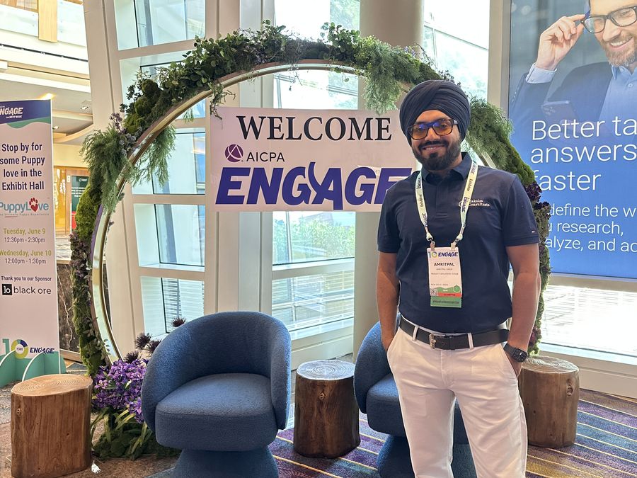 CA Amritpal Singh at AICPA ENGAGE 2026 Welcome sign ARIA Las Vegas